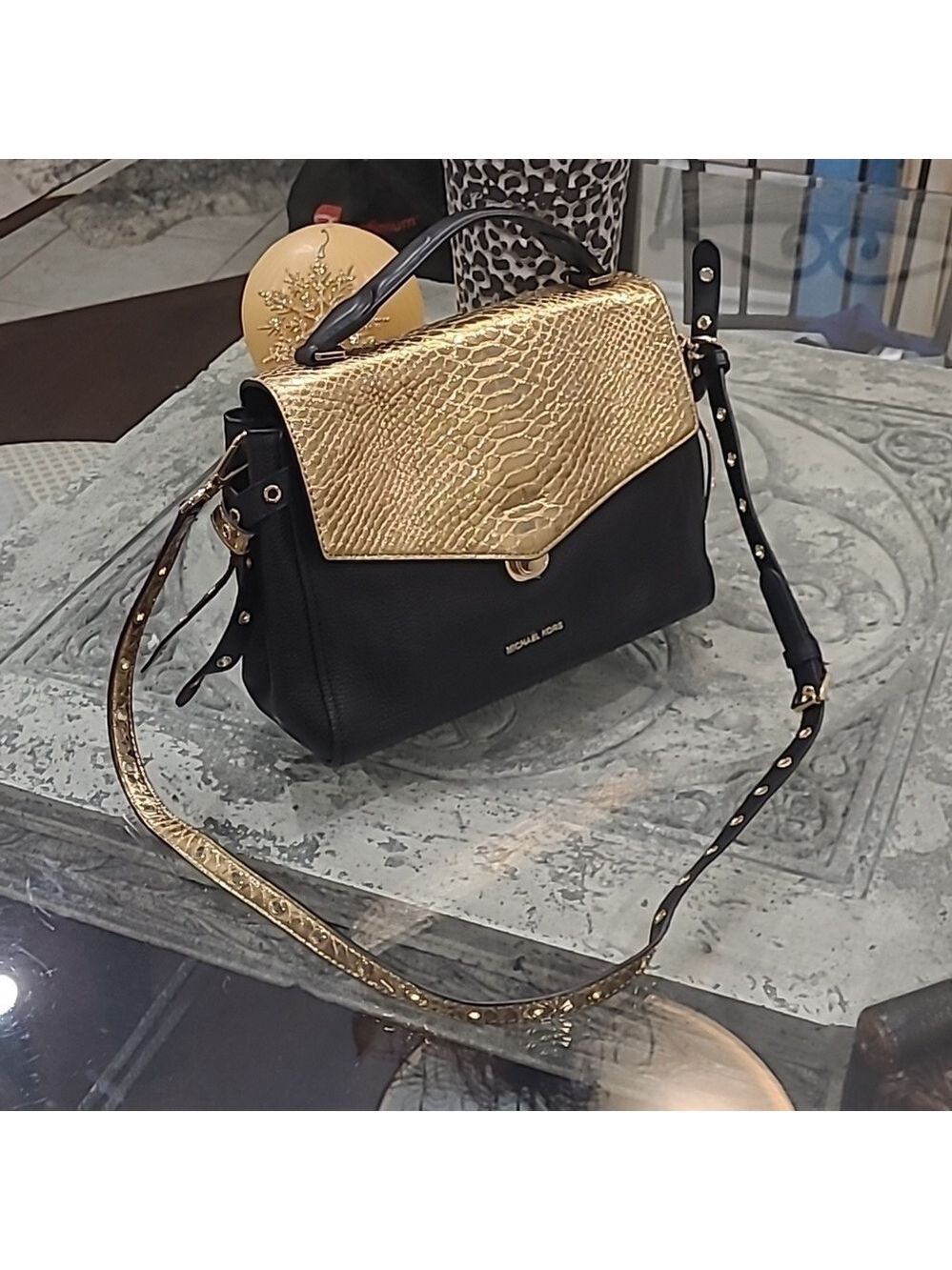 Michael Kors Bristol Metallic Gold Snake Embossed Leather Satchel Crossbody Bag